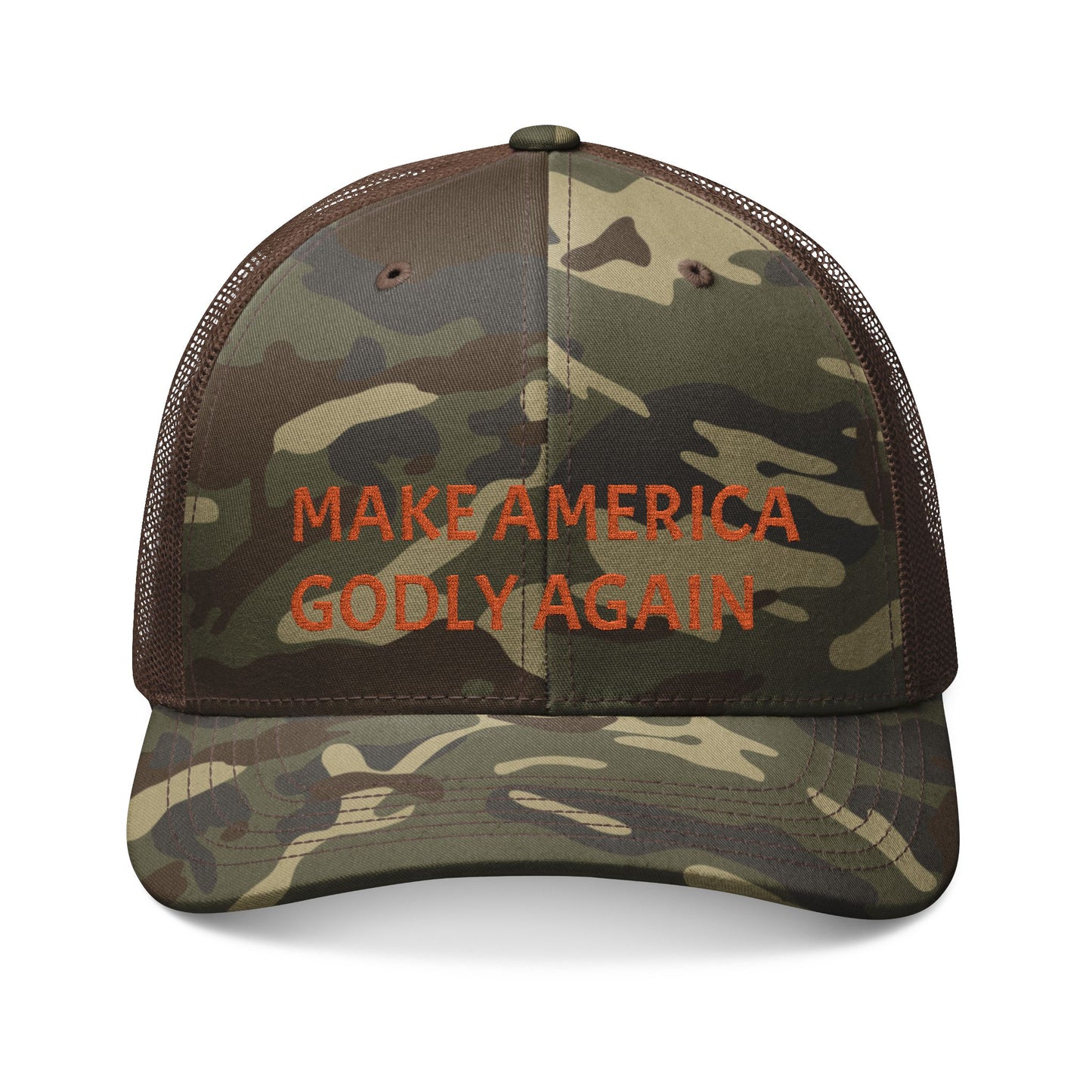 Embroidered Camo Trucker Hat — "Make America Godly Again"