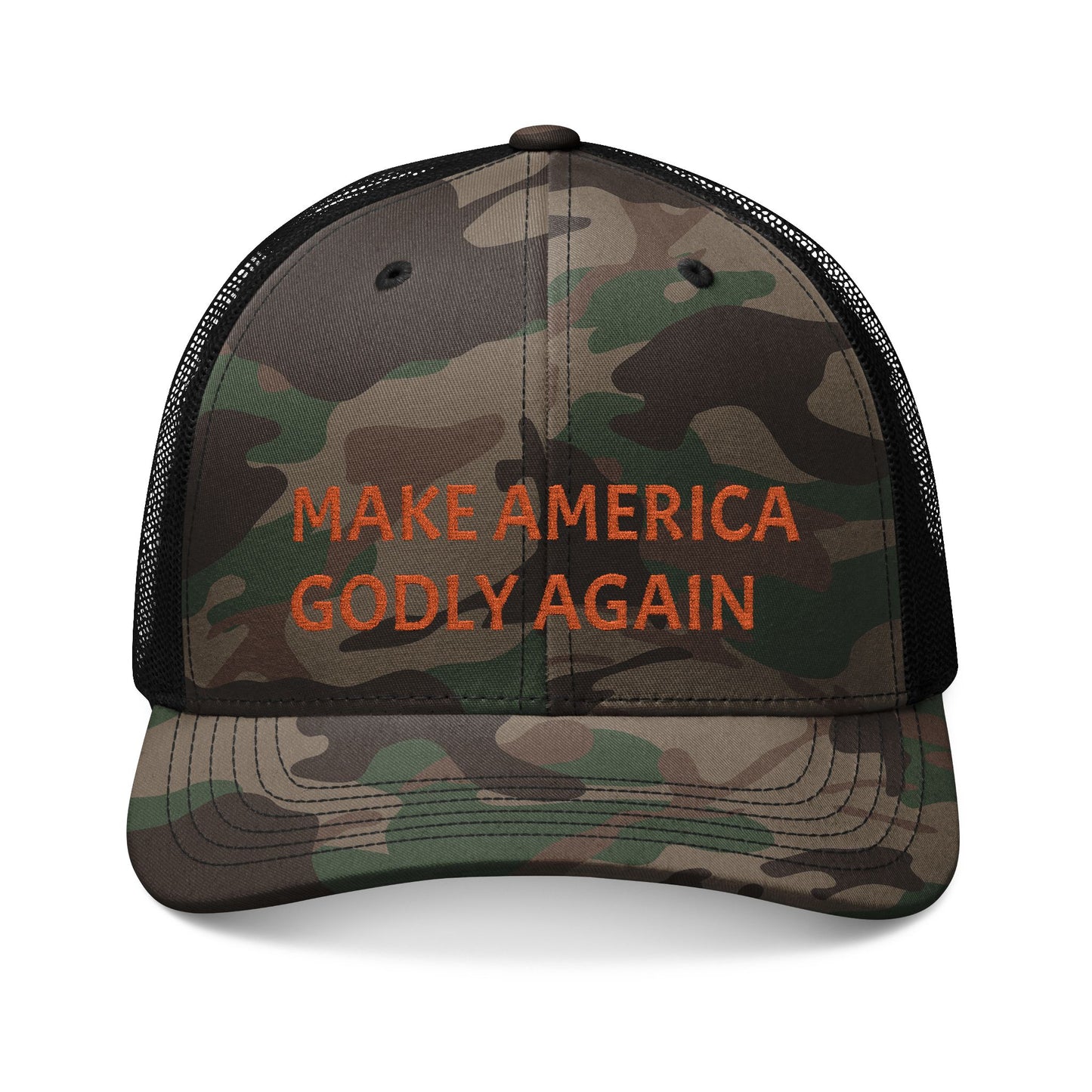 Embroidered Camo Trucker Hat — "Make America Godly Again"